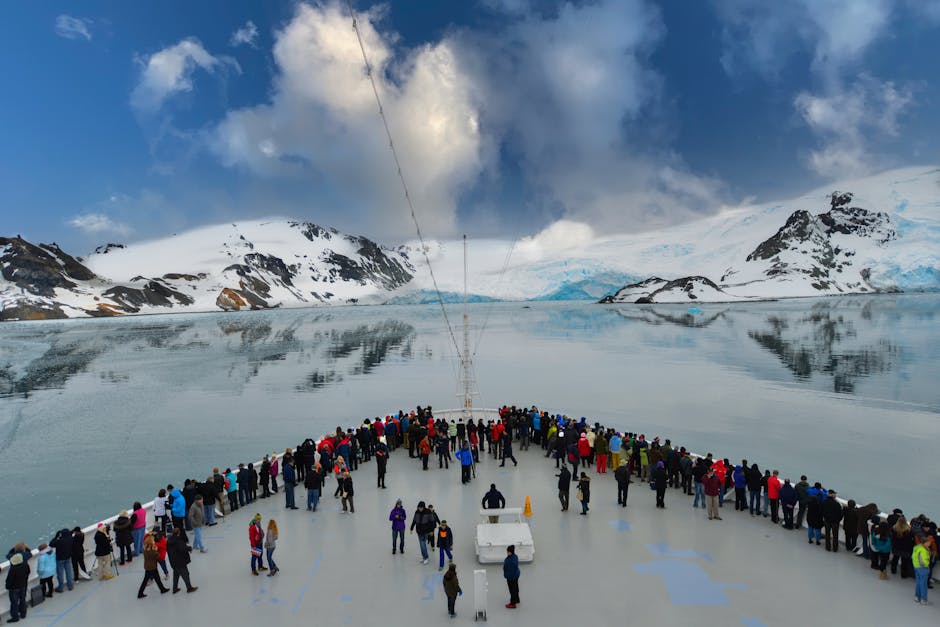 A cruise ship near a massive glacier in Alaska with various wildlife visible