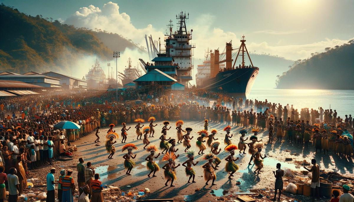 Port area of Alotau, Papua New Guinea showing cultural displays alongside visible pollution and underdeveloped facilities