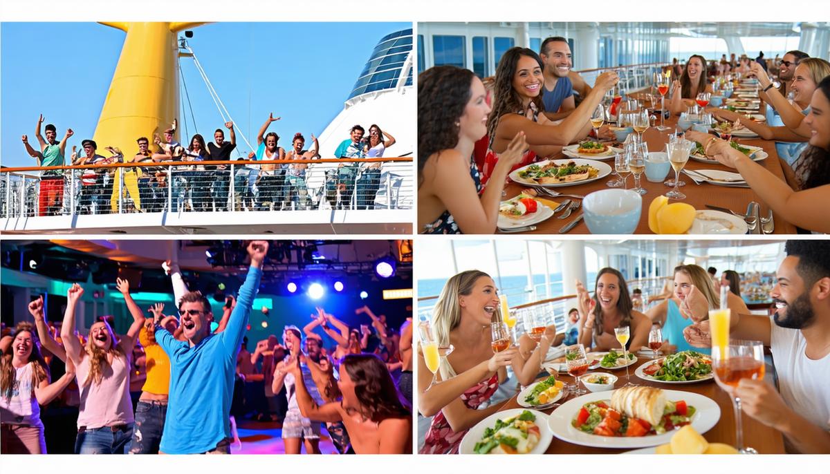 A collage of Carnival cruise entertainment featuring the Fun Squad leading a deck party, guests enjoying diverse dining options, and people participating in the Edge Adventure Park activities