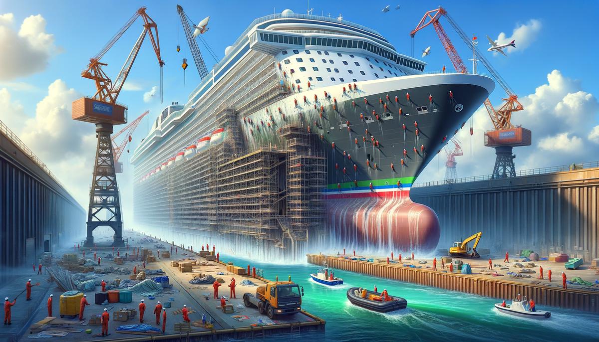 A Carnival cruise ship in dry dock undergoing a dramatic transformation, with workers painting the new color scheme and installing new features