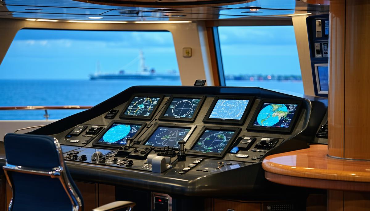 The bridge of a modern cruise ship showcasing advanced navigation and communication equipment