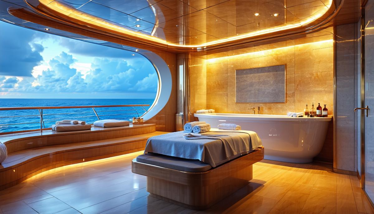 A luxurious spa treatment room on a cruise ship with ocean views