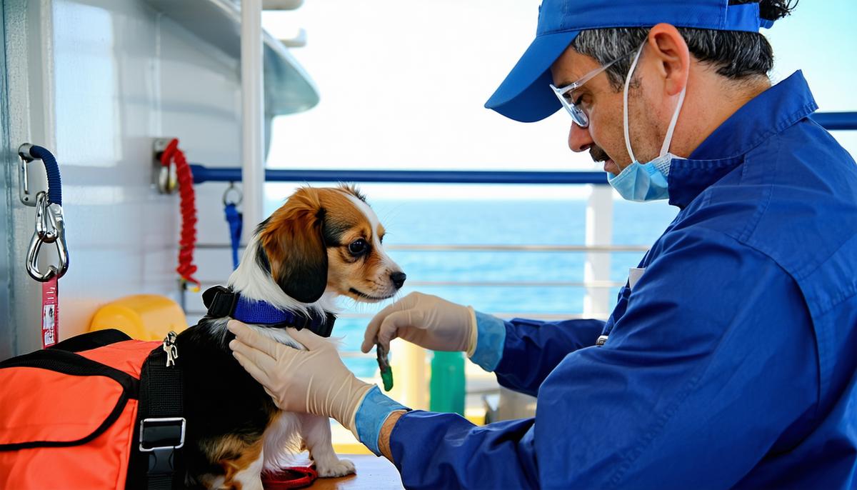 A veterinarian examining a small dog on a cruise ship, with safety equipment visible in the background