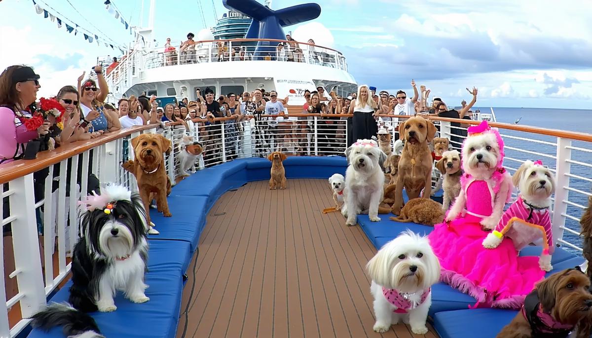 A cruise ship deck transformed for a dog costume contest, with small dogs in various costumes and their excited owners