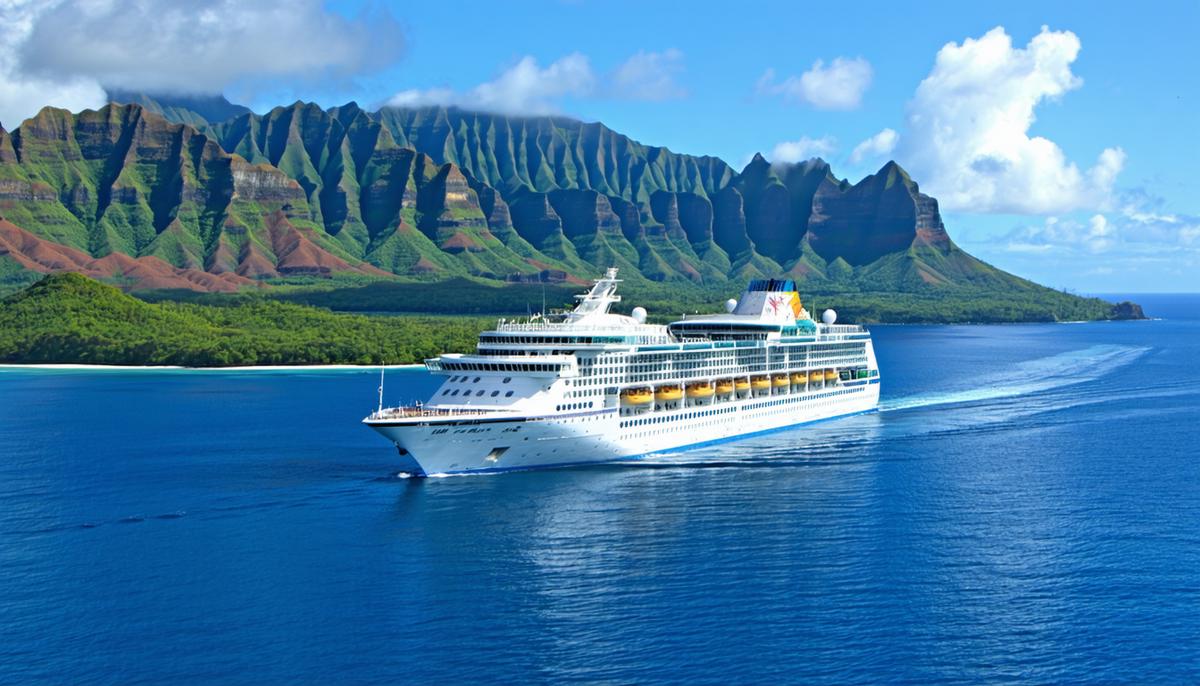 A cruise ship anchored near multiple Hawaiian islands, showcasing island-hopping itinerary