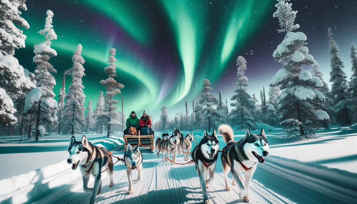 A husky sled team pulling tourists through a snowy forest with the Northern Lights visible in the sky above