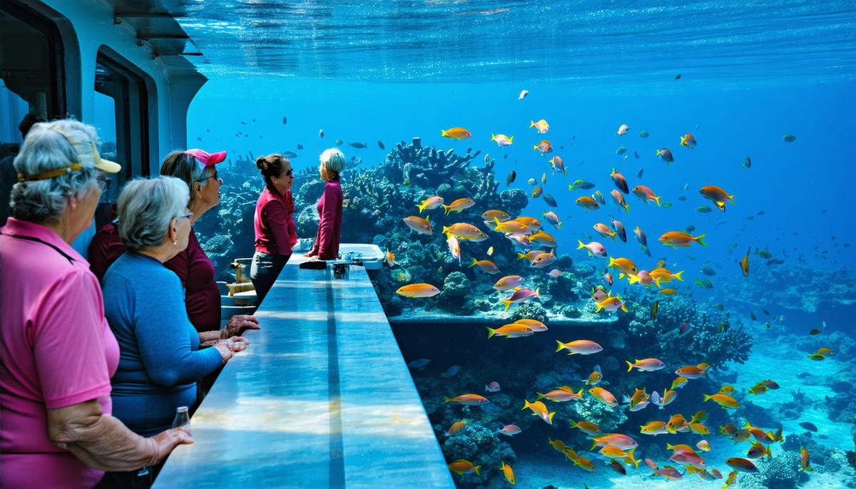 Seniors observing colorful marine life through a glass-bottom boat operated by Metropolitan Touring in the Galapagos