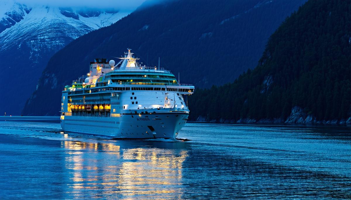 A cruise ship sailing through an Alaskan fjord with bright daylight at midnight