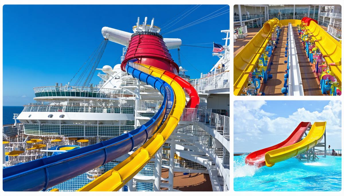 A composite image showcasing the unique features of MSC World America, including the Cliffhanger swing ride, Jaw Drop @ The Spiral slide, and the Harbour Aquapark