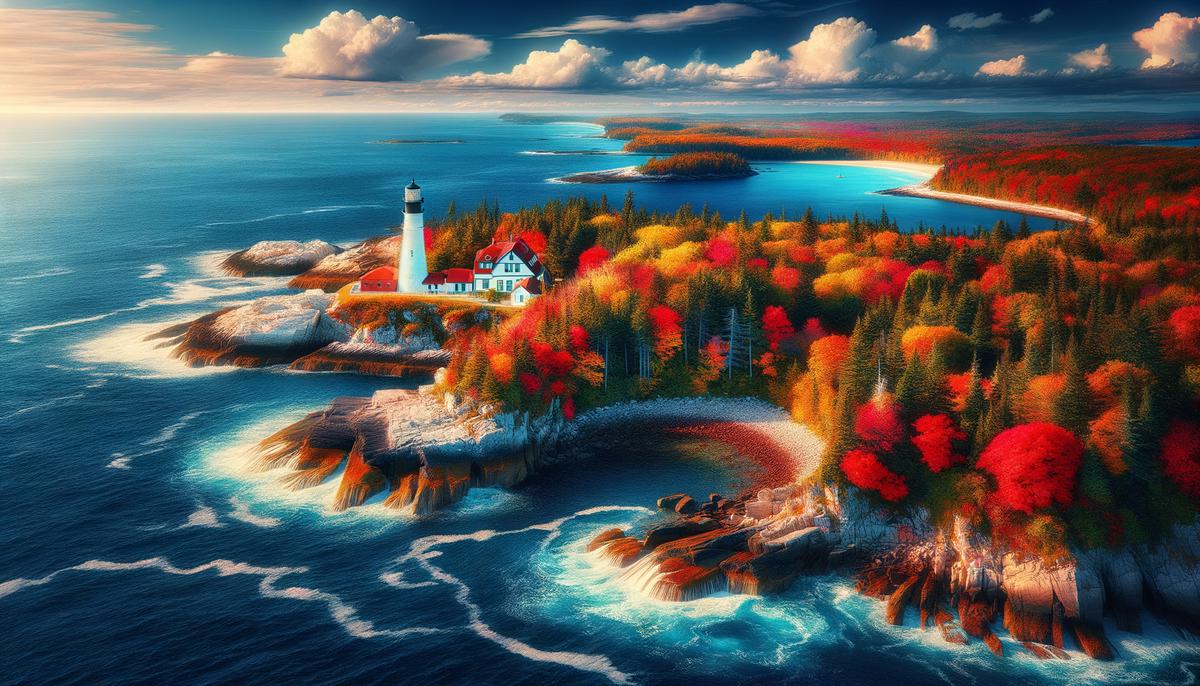 Stunning New England coastline with vibrant fall foliage and a lighthouse