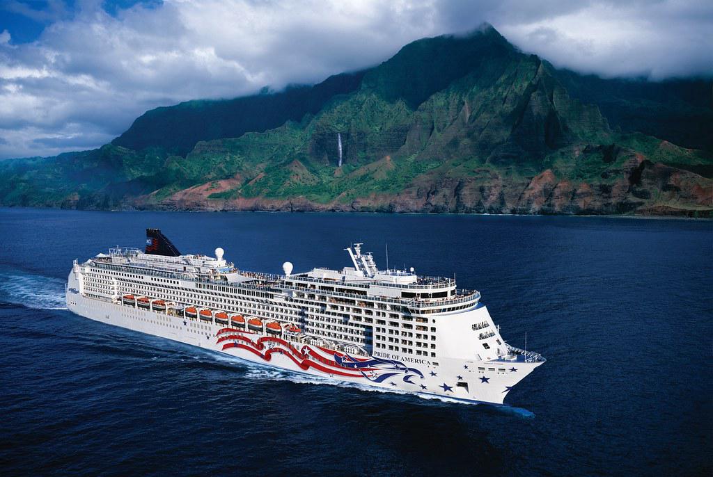 Norwegian Cruise Line's Pride of America ship sailing near a Hawaiian island