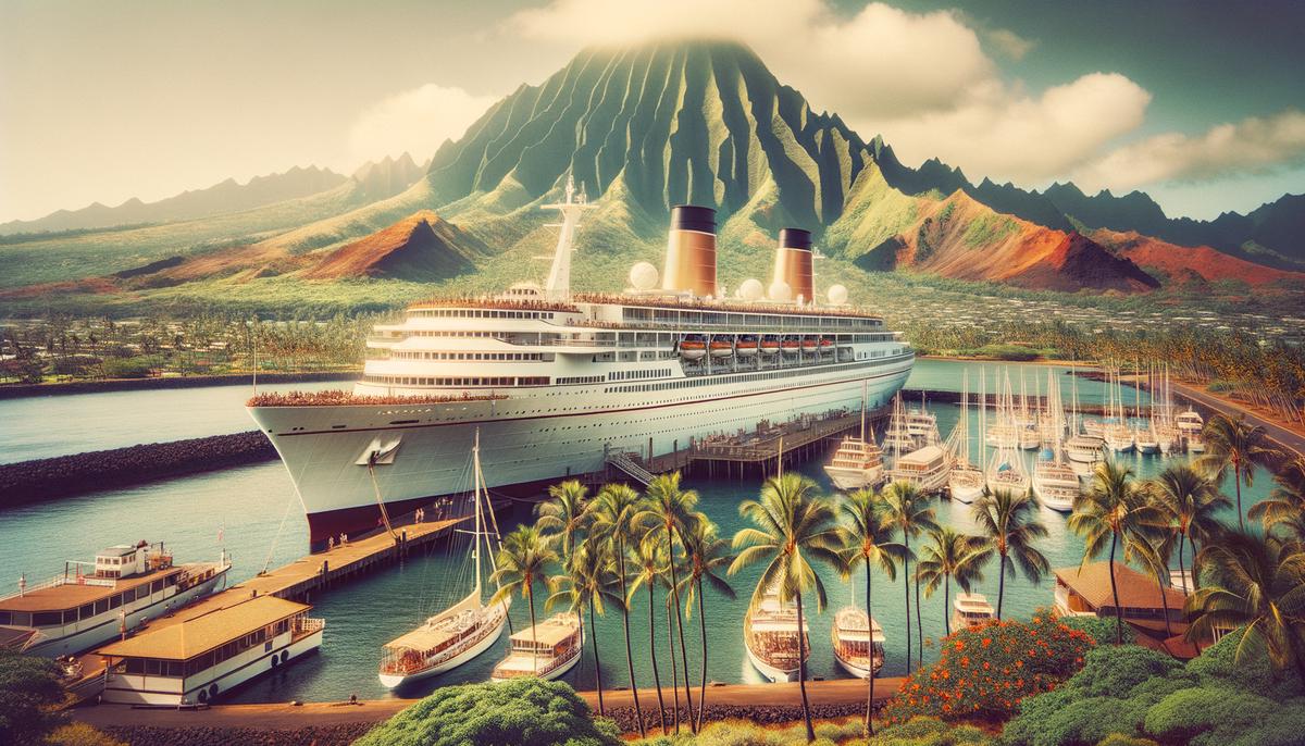 Norwegian Cruise Line's Pride of America ship docked in a Hawaiian port with palm trees and mountains in the background