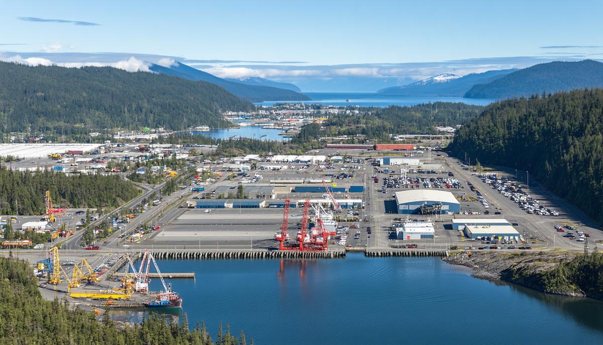 Aerial view of Prince Rupert, Canada showing an industrial port area with limited tourist attractions