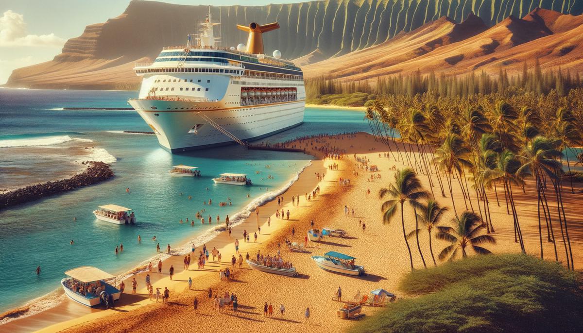A Princess Cruises ship anchored near a Hawaiian beach with passengers disembarking