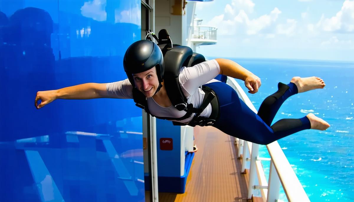 A passenger experiencing the RipCord by iFLY skydiving simulator on a Royal Caribbean cruise ship