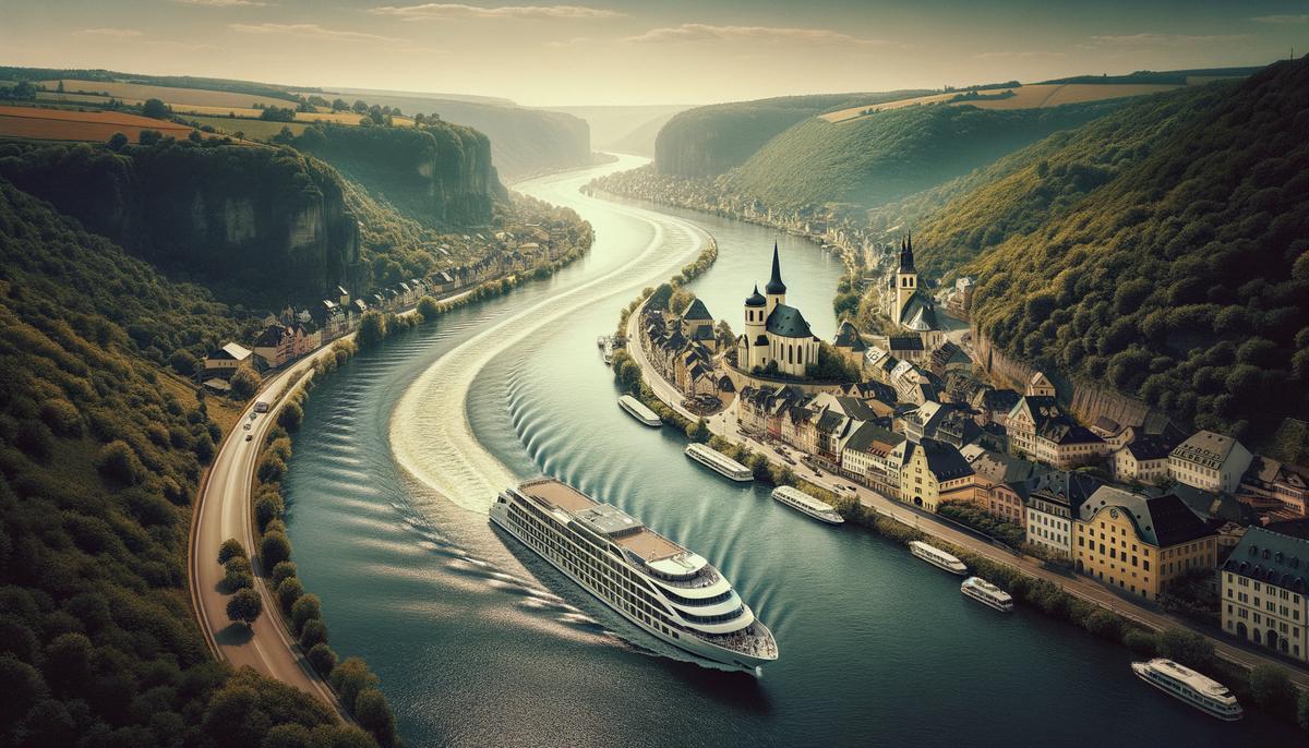 A river cruise ship sailing through a picturesque European landscape
