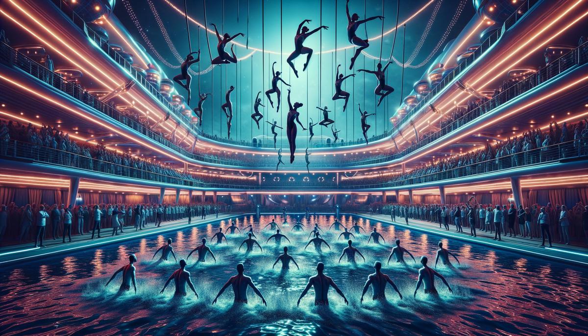 An aerial view of Royal Caribbean's AquaTheater during a spectacular performance with acrobats and water features