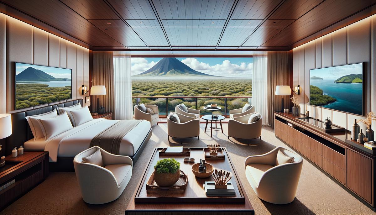 A luxurious suite on Silversea's Silver Origin with a wraparound balcony overlooking the Galapagos landscape
