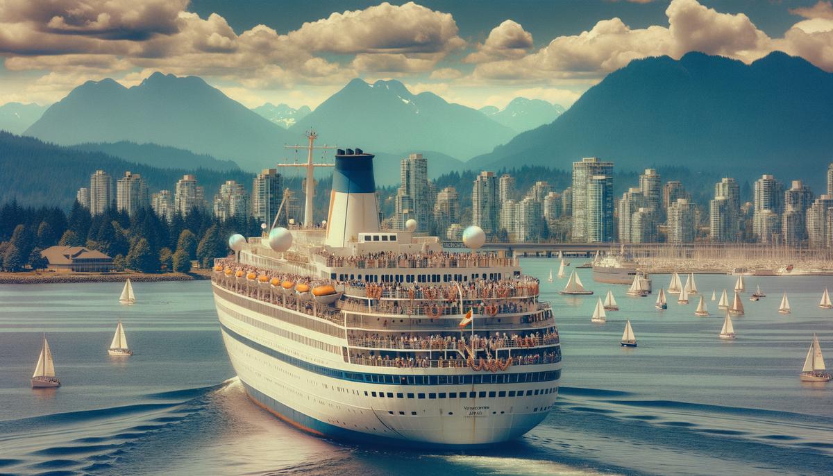 A cruise ship departing Vancouver harbor with Hawaiian lei visible on deck